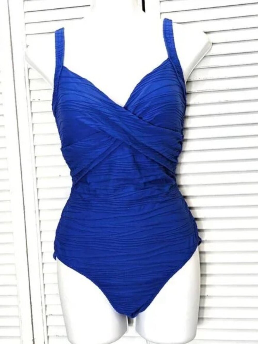 Lands End One Piece Swimsuit Pinch Pleat Wrap Bodice Sz 6 Blue Slimming